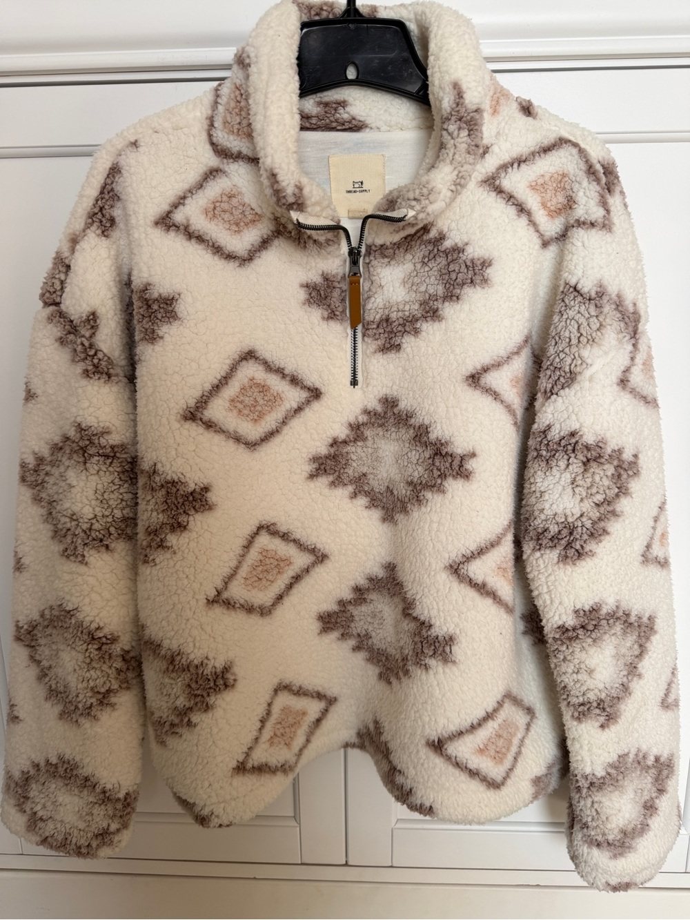 Thread & Supply Cream Sherpa Half-Zip Pullover with Brown Geo Print